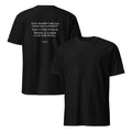 Front and back views of the Black T-shirt, showing the unprinted front and the statement printed on the back.