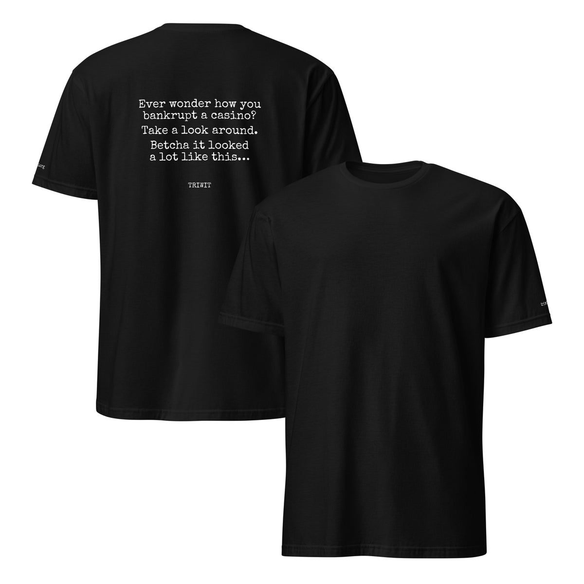 Front and back views of the Black T-shirt, showing the unprinted front and the statement printed on the back.