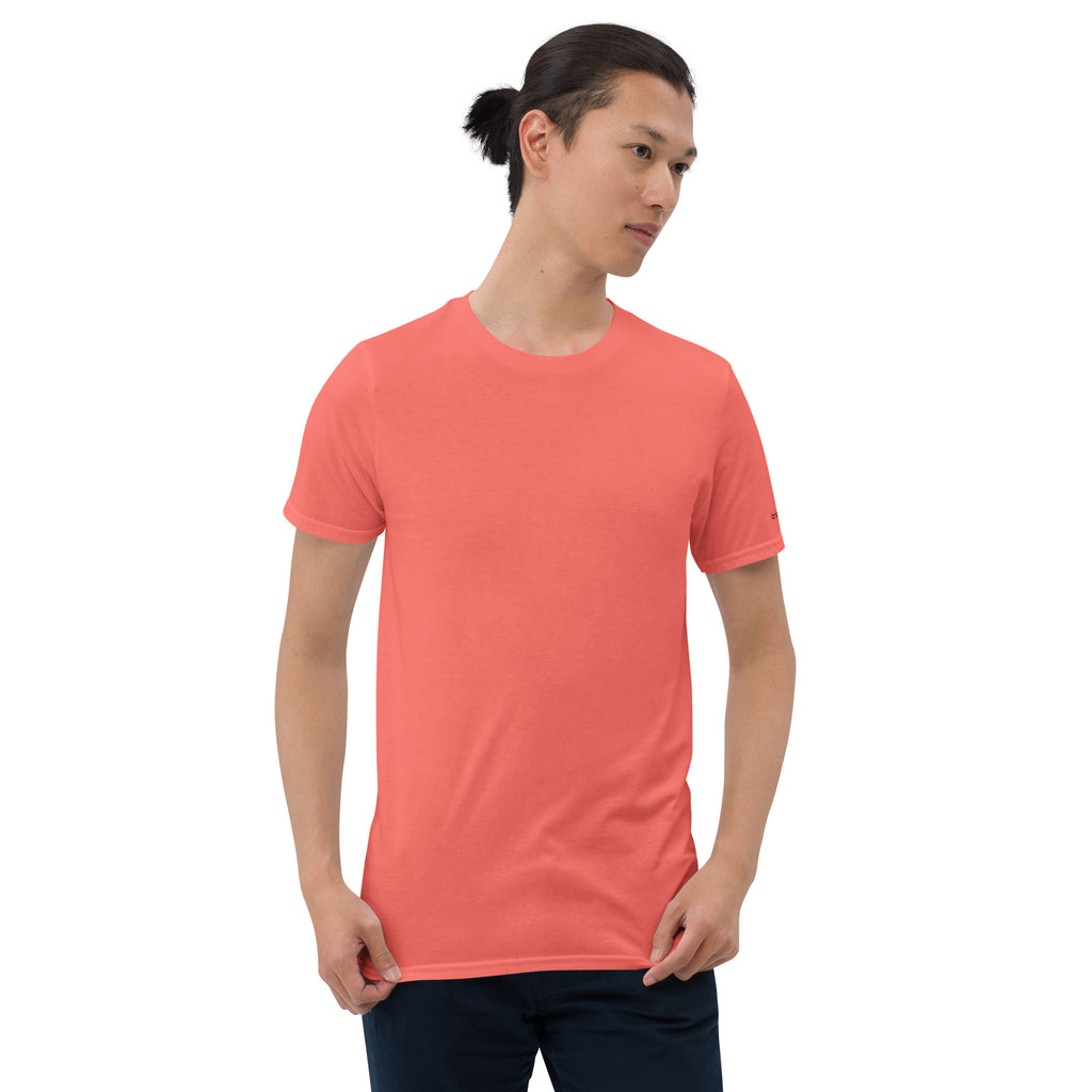 Front view of a model wearing the Coral Silk T-shirt, showing the unprinted front and short sleeves.