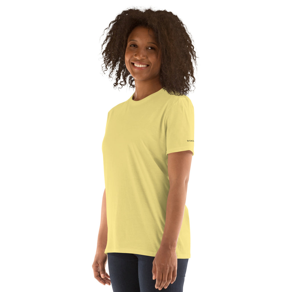 Front view of a model wearing the Cornsilk T-shirt, showing the unprinted front and short sleeves.