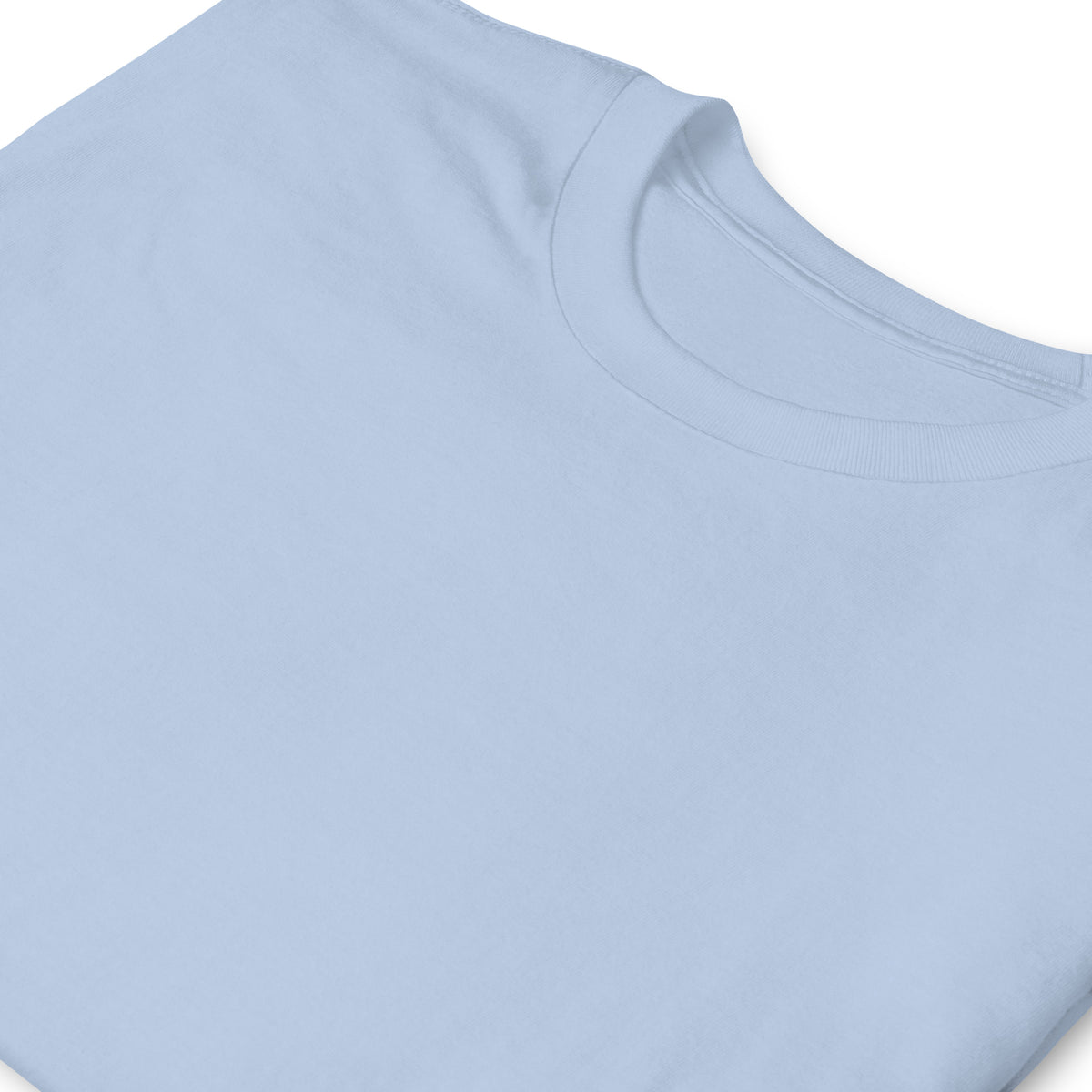 Close-up of the Light Blue T-shirt's ribbed crew neckline, stitching, and unprinted front.