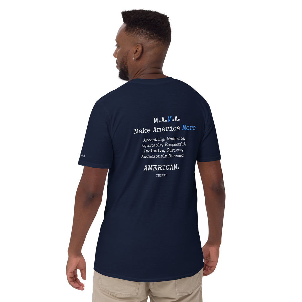Rear view of a model wearing the Navy T-shirt, showing the statement printed on the back.