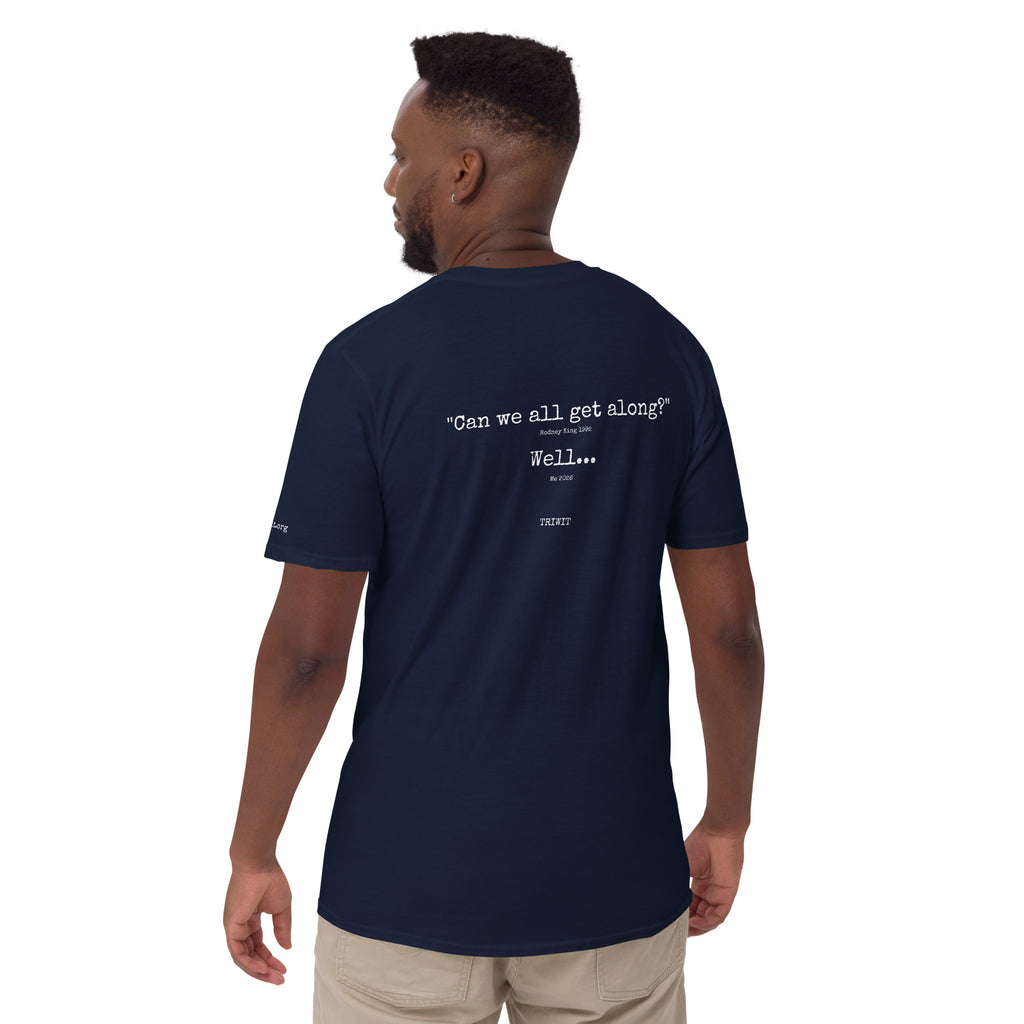 Rear view of a model wearing the Navy T-shirt, showing the statement printed on the back.