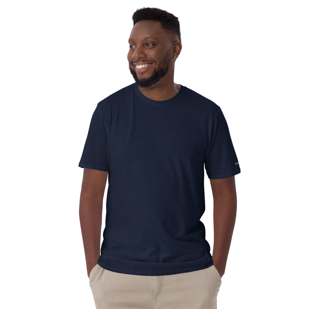 Rear view of a model wearing the Navy T-shirt, showing the statement printed on the back.