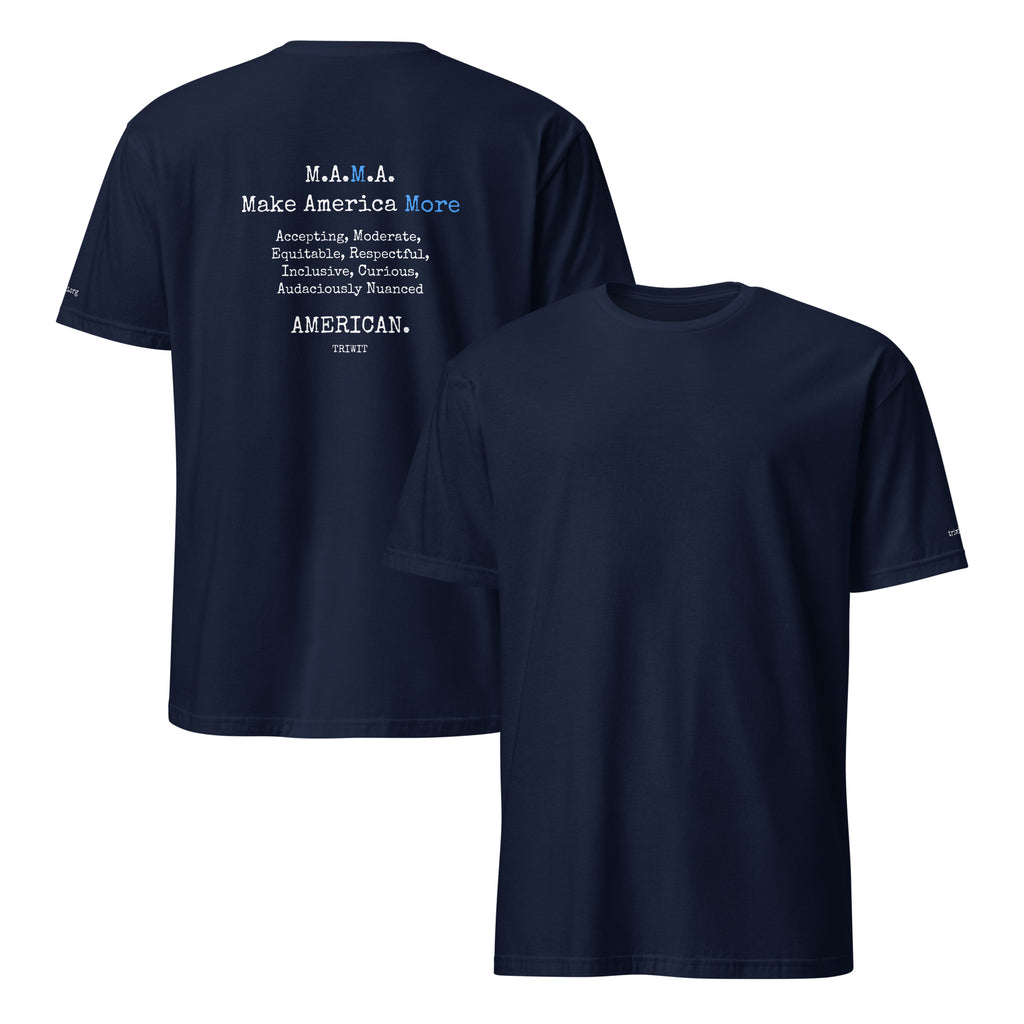 Navy T-shirt, front and back, with an unprinted front and the statement printed in white above TRIWIT on the back.