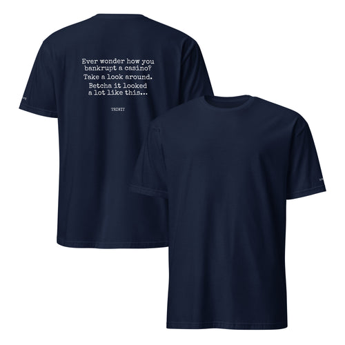 Navy T-shirt, front and back, with an unprinted front and the statement printed in white above TRIWIT on the back.
