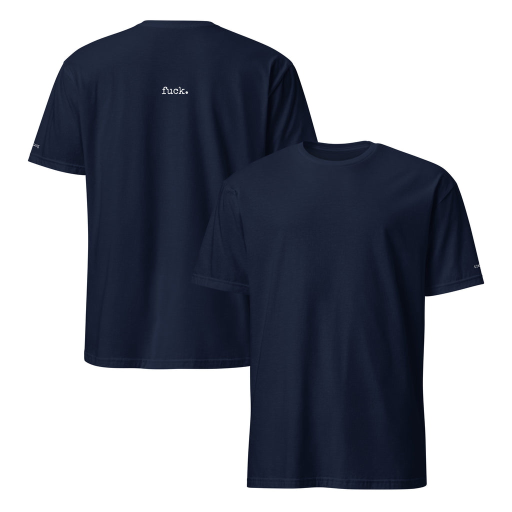 Navy T-shirt, front and back, with an unprinted front and the statement printed in white above TRIWIT on the back.