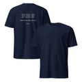 Navy T-shirt, front and back, with an unprinted front and the statement printed in white above TRIWIT on the back.